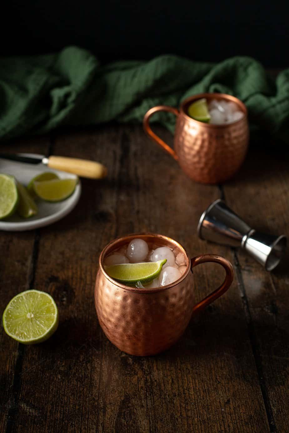 two copper mugs of mexican moscow mules