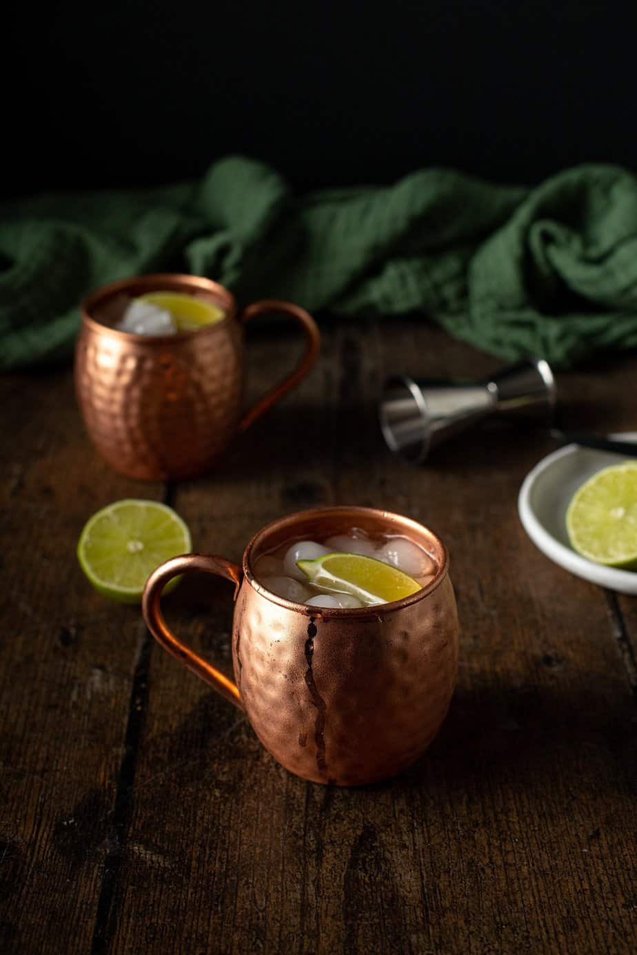 two copper mugs of mexican moscow mules