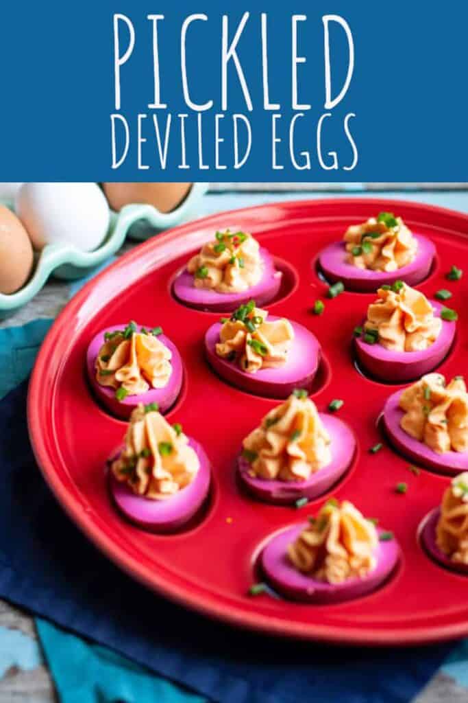 These pickled deviled eggs are as delicious as they are pretty! They're the perfect snack or appetizer OR way to use up leftover hard boiled eggs. #deviledeggs #eggs #pickledeggs #beets