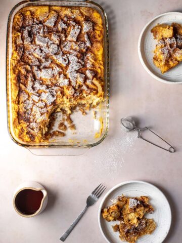 an overhead view of a 9x13 inch pan of pumpkin french toast casserole