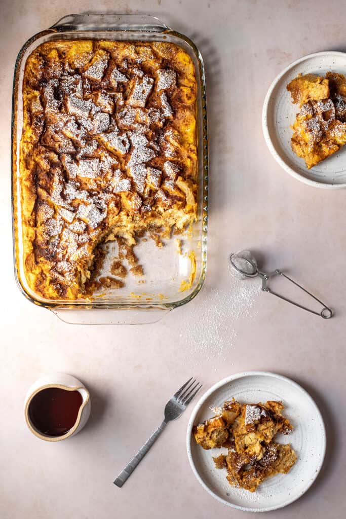 an overhead view of a 9x13 inch pan of pumpkin french toast casserole