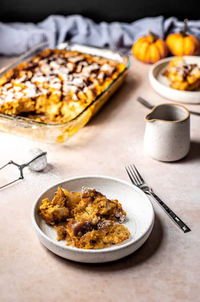 a plate of pumpkin french toast casserole