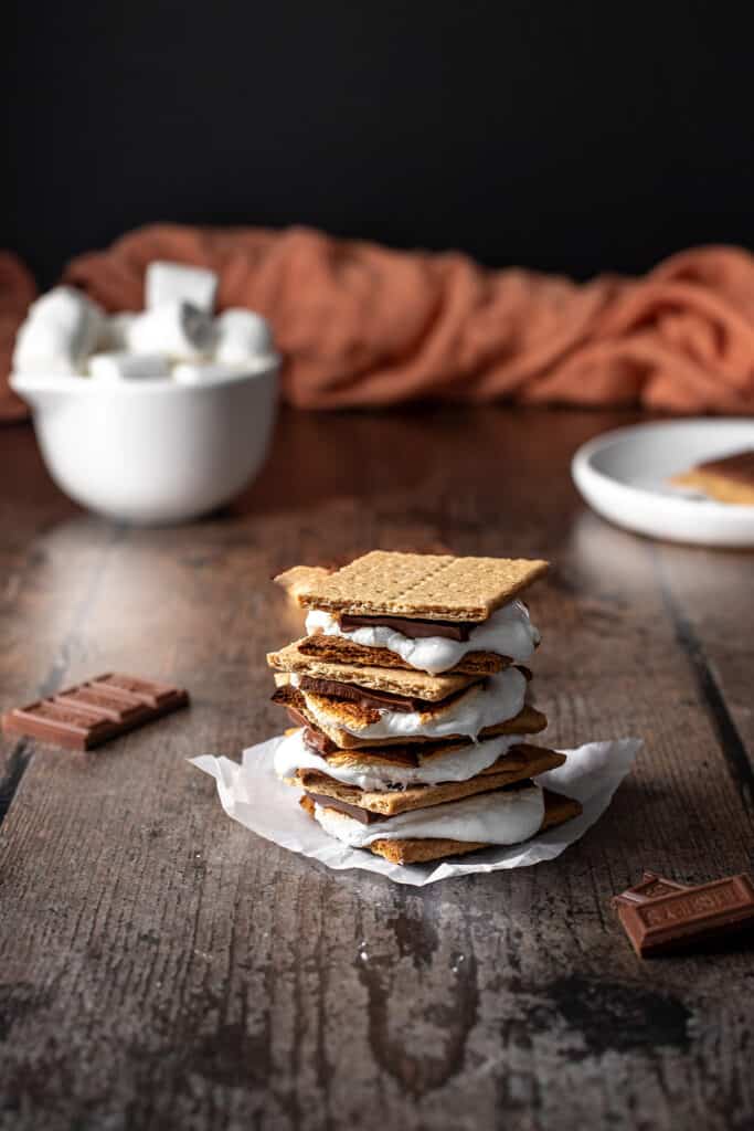 a straight on view of a stack of s'mores