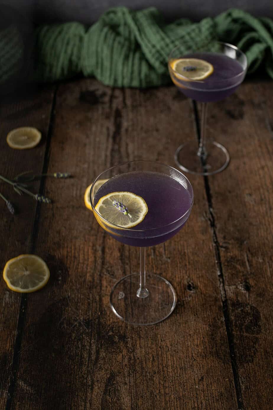 45 degree angle view of a coupe glass full of lavender martini