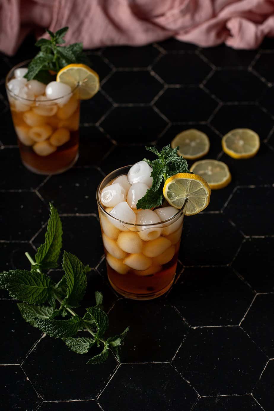 higher angle view of 2 glasses of cold brew iced tea