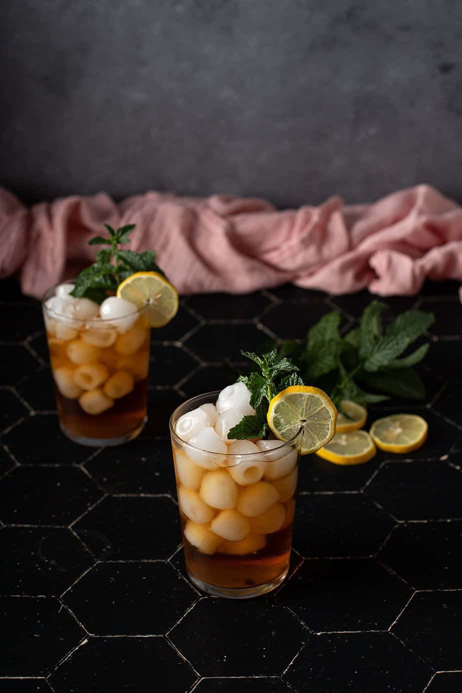 45 degree angle view of 2 glasses of cold brew iced tea