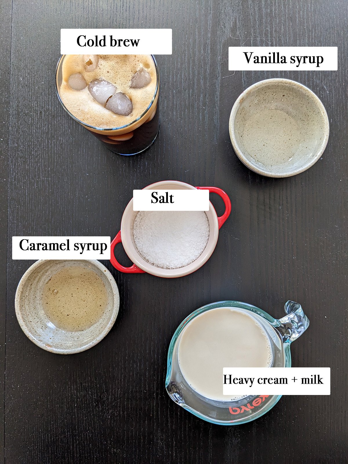 ingredients for making salted caramel cream cold brew