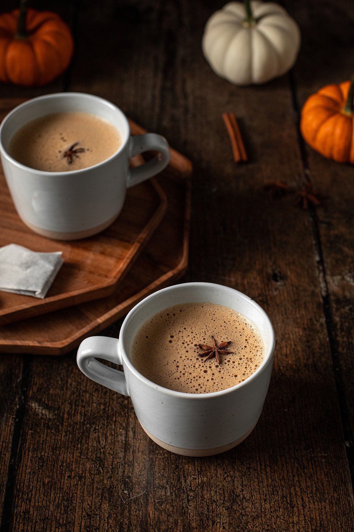 two mugs of dirty chai latte