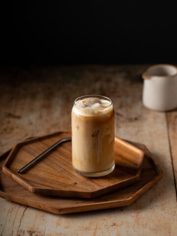 an iced vanilla latte in a glass