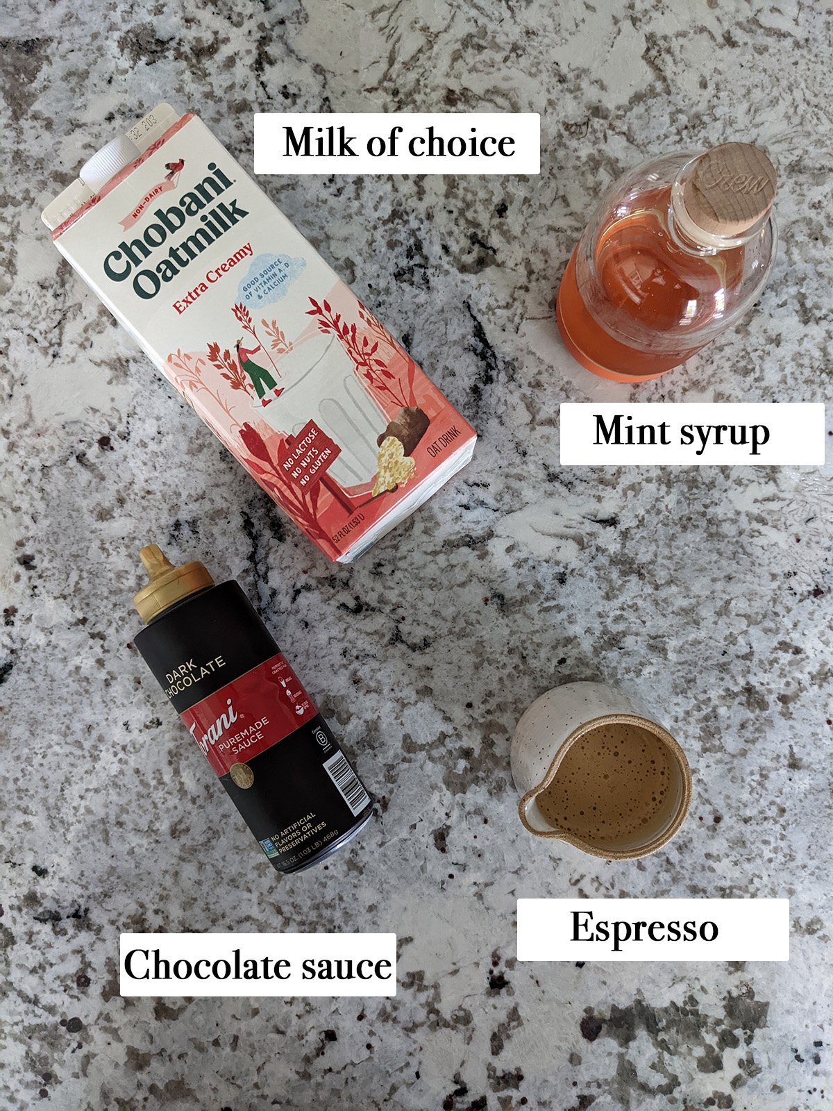 ingredients for making iced peppermint mocha