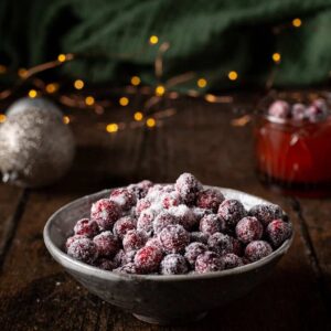 a bowl of sugared cranberries