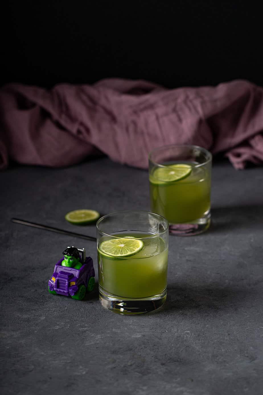 2 rocks glasses with incredible hulk drink