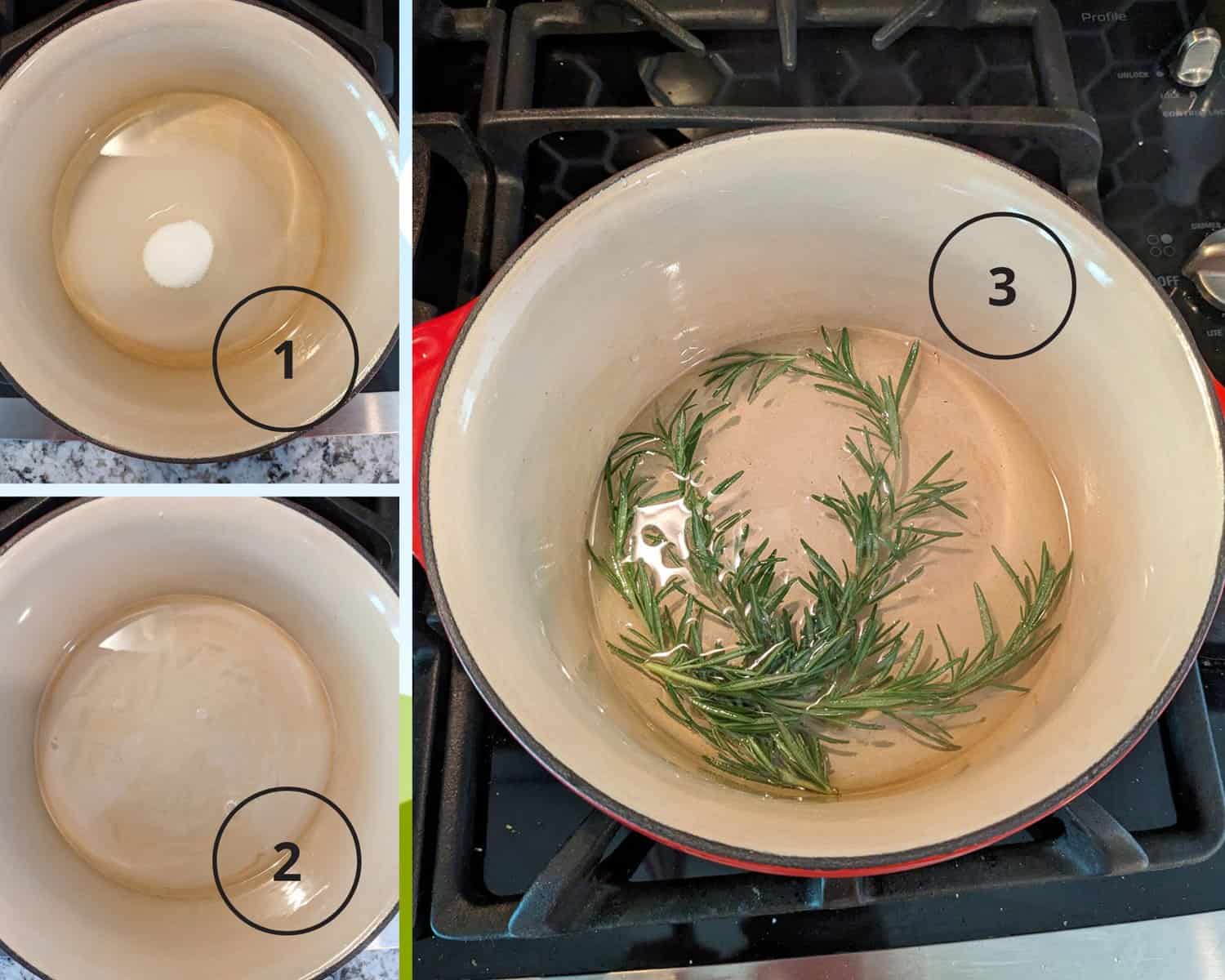 grid of photos showing how to make rosemary simple syrup