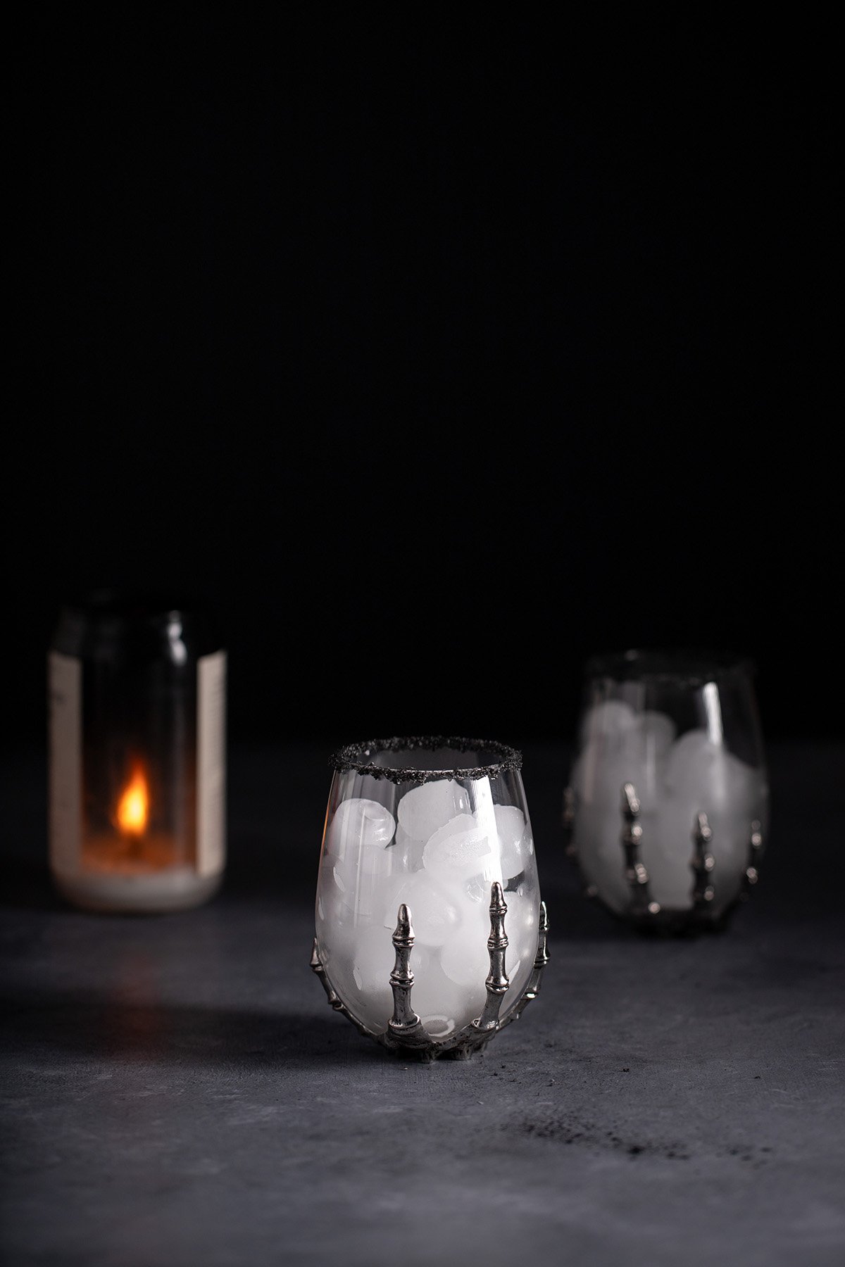 a halloween wine glass filled with ice.
