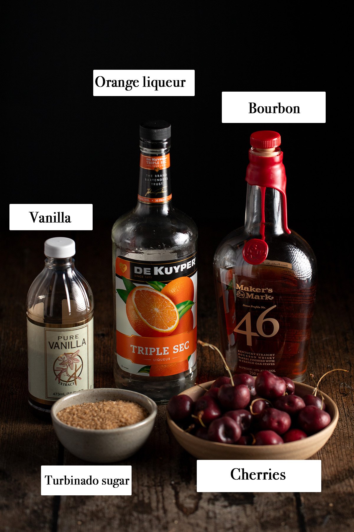ingredients for making bourbon cherries.
