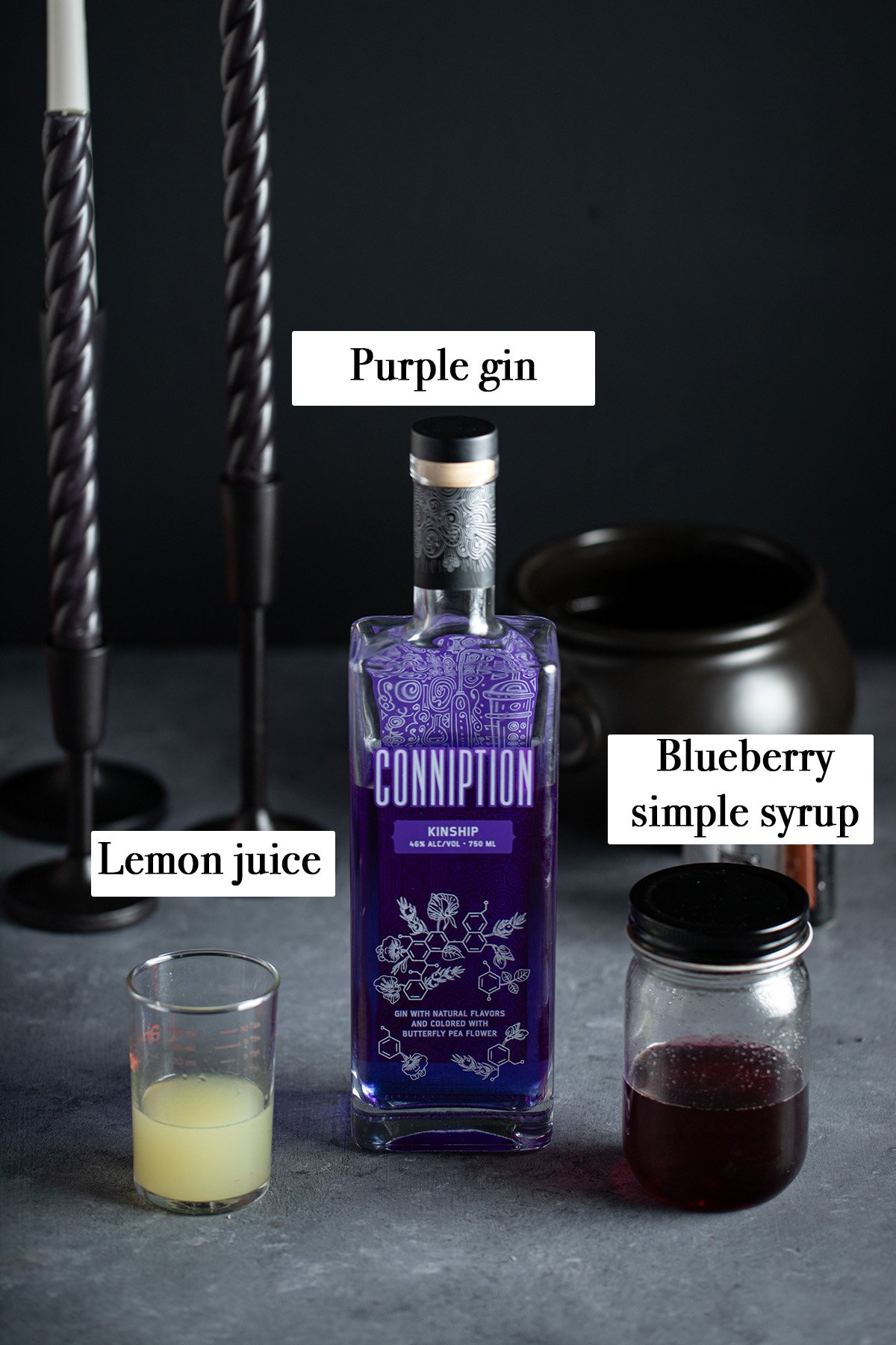 ingredients for making a purple people eater cocktail.