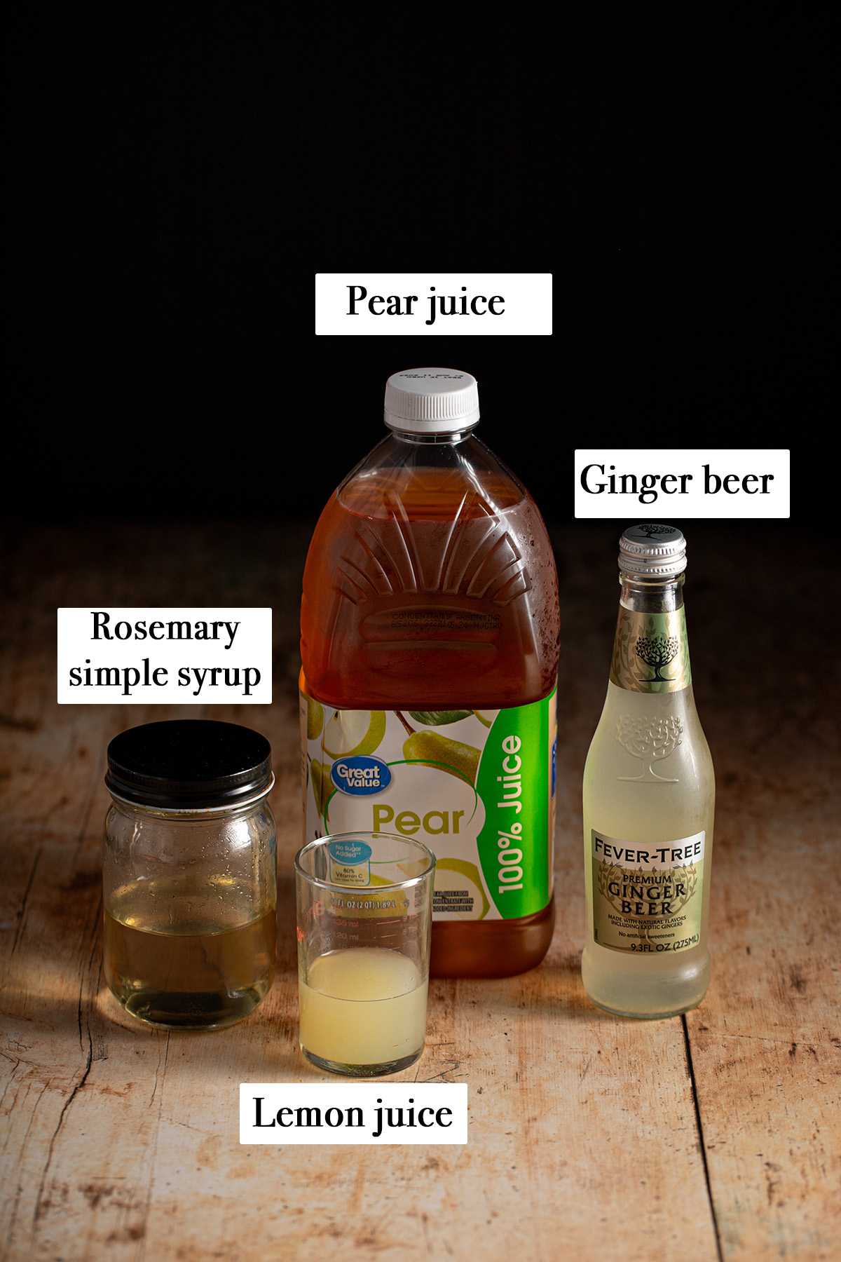 ingredients to make ginger pear holiday mocktail.