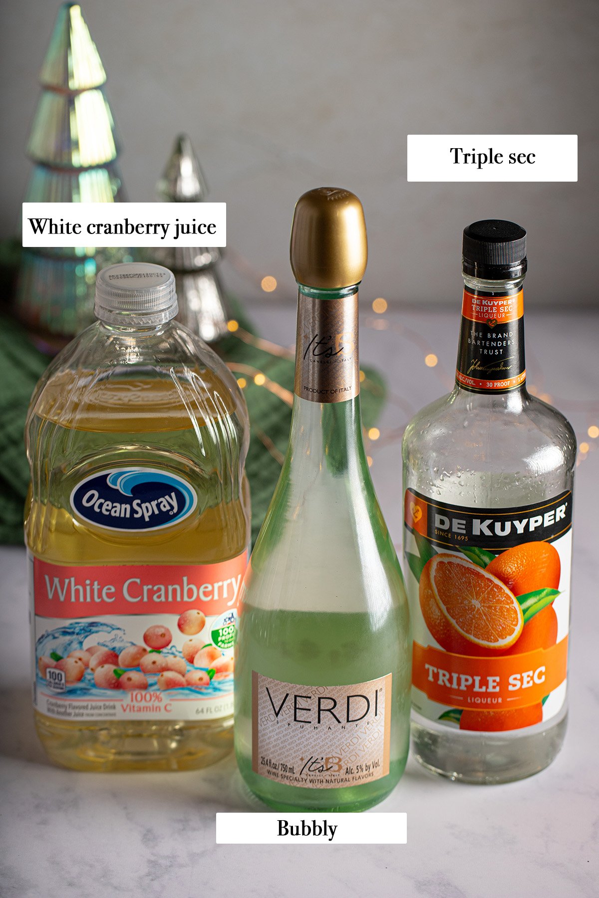 ingredients for making a white christmas mimosa.